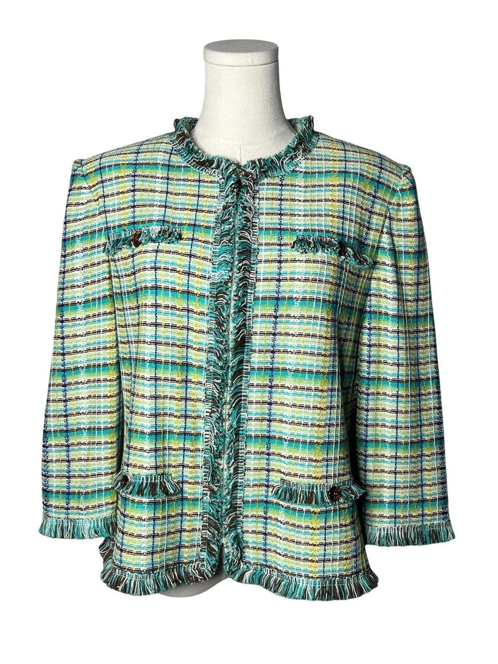 St John Green Plaid Tweed Novelty Knit Zip Up Cardigan Jacket